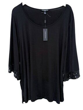 CABLE & GAUGE Top Plus Size 1X Black Sequin Trim Wide Sleeve Stretch Jersey NWT